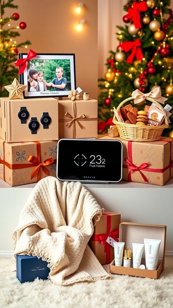 A collection of Christmas gifts including a photo album, gourmet basket, smart device, cozy blanket, and spa set, set in a festive environment.